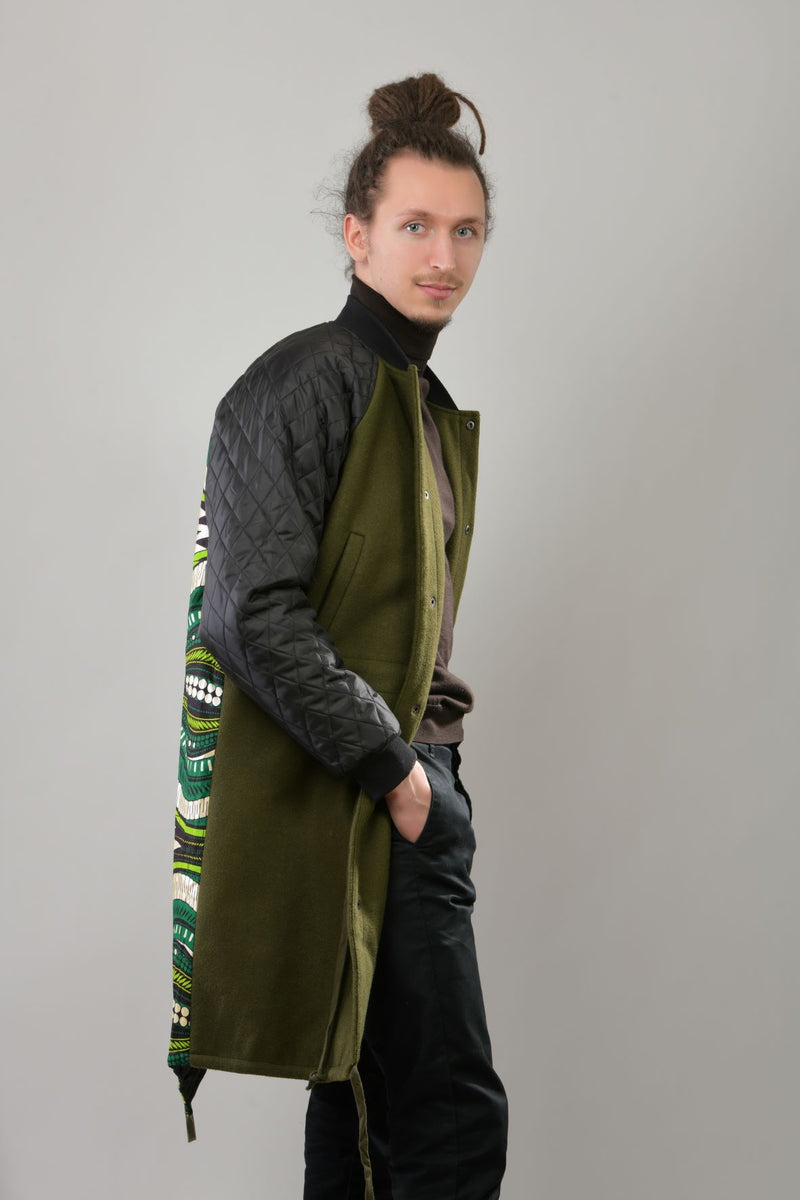 Varsity Style Knee Length College Jacket Green