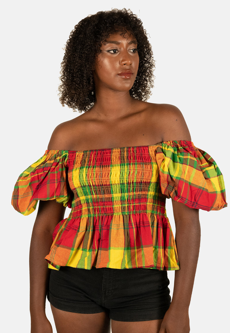 Smocked Top Madras Print